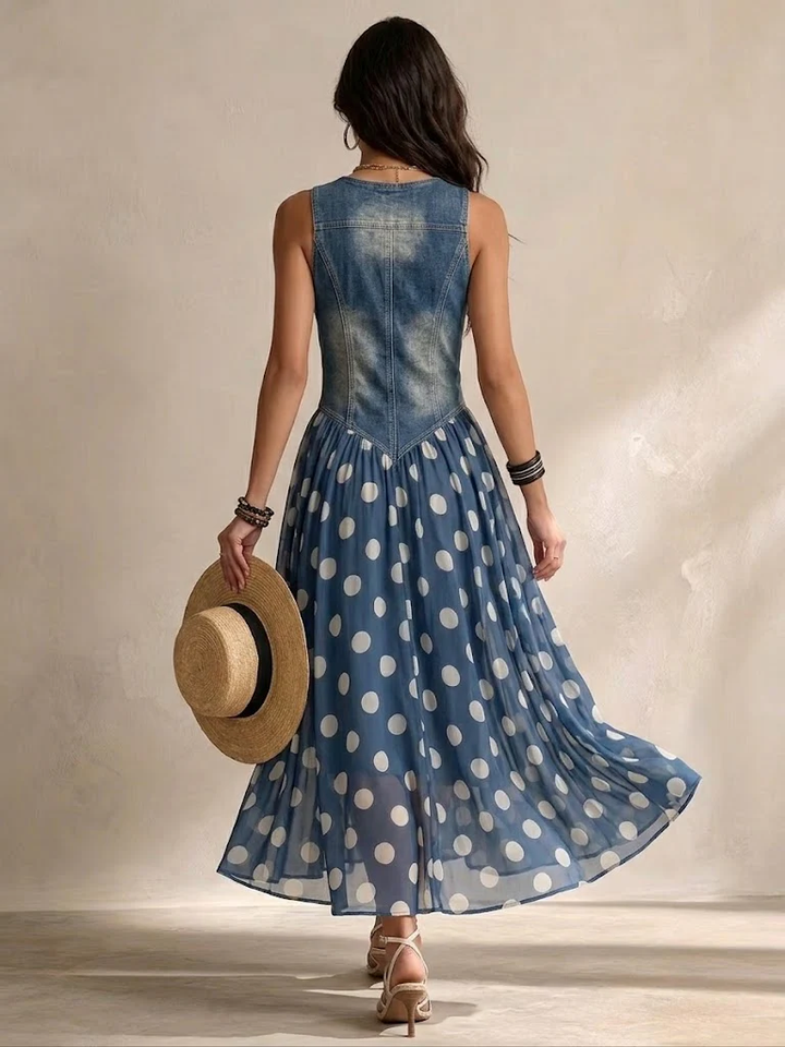 Adeline | Long Denim Dress with Polka Dots