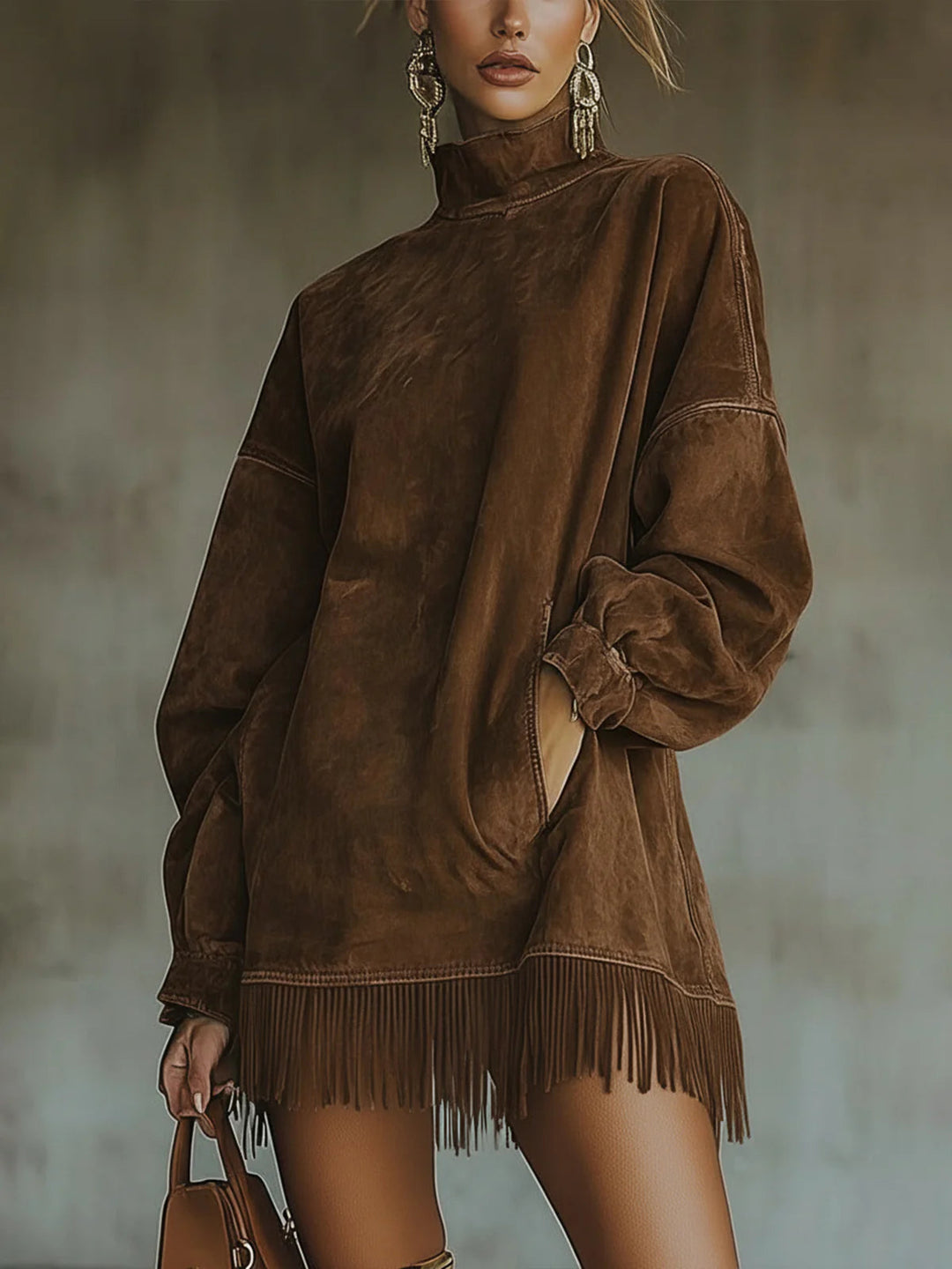 Gabrielle | Suede Effect Dress with High Neck and Fringing