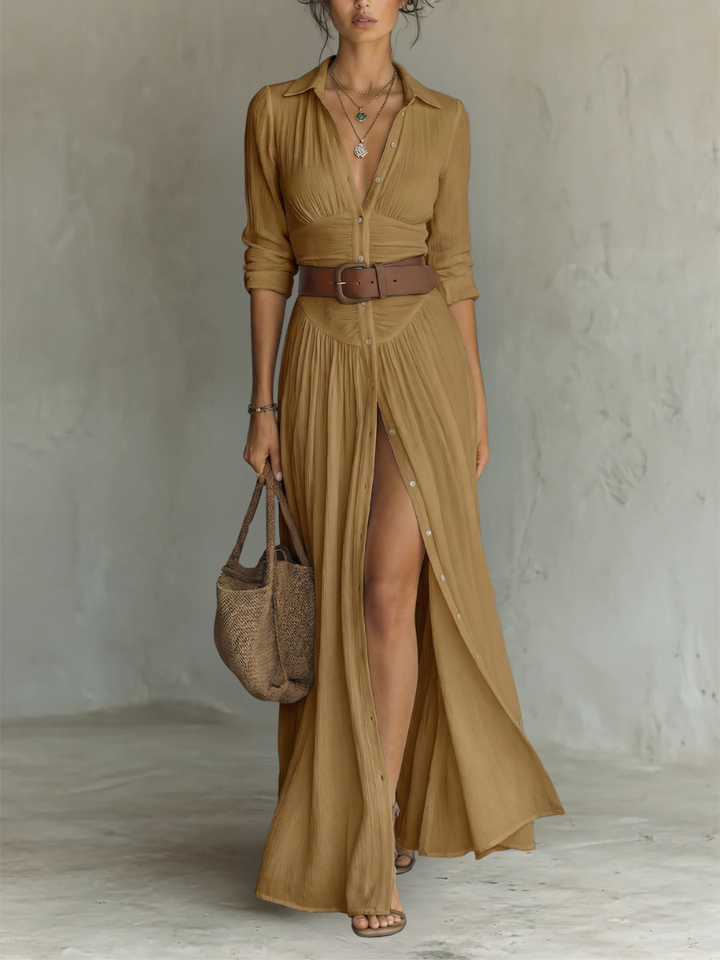 Long Maxi Dress with Lapel Collar and Long Sleeves