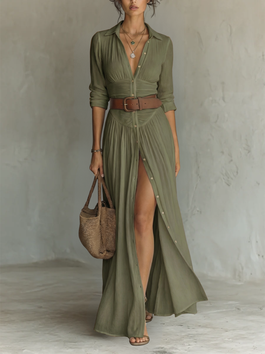 Long Maxi Dress with Lapel Collar and Long Sleeves