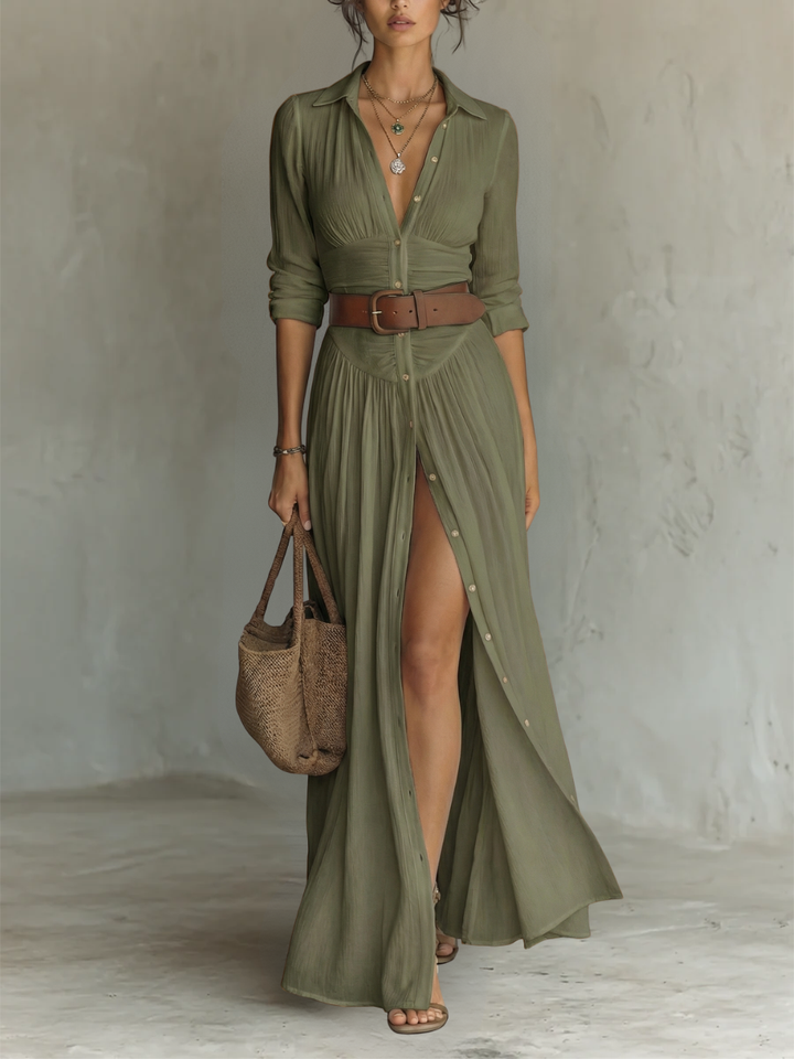 Long Maxi Dress with Lapel Collar and Long Sleeves