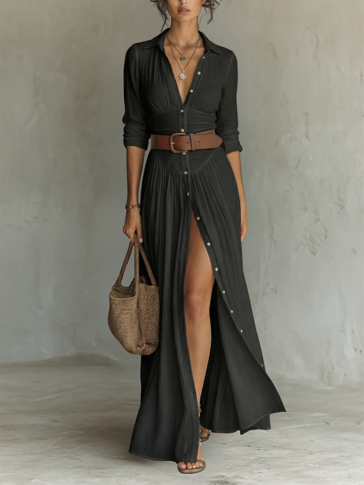 Long Maxi Dress with Lapel Collar and Long Sleeves