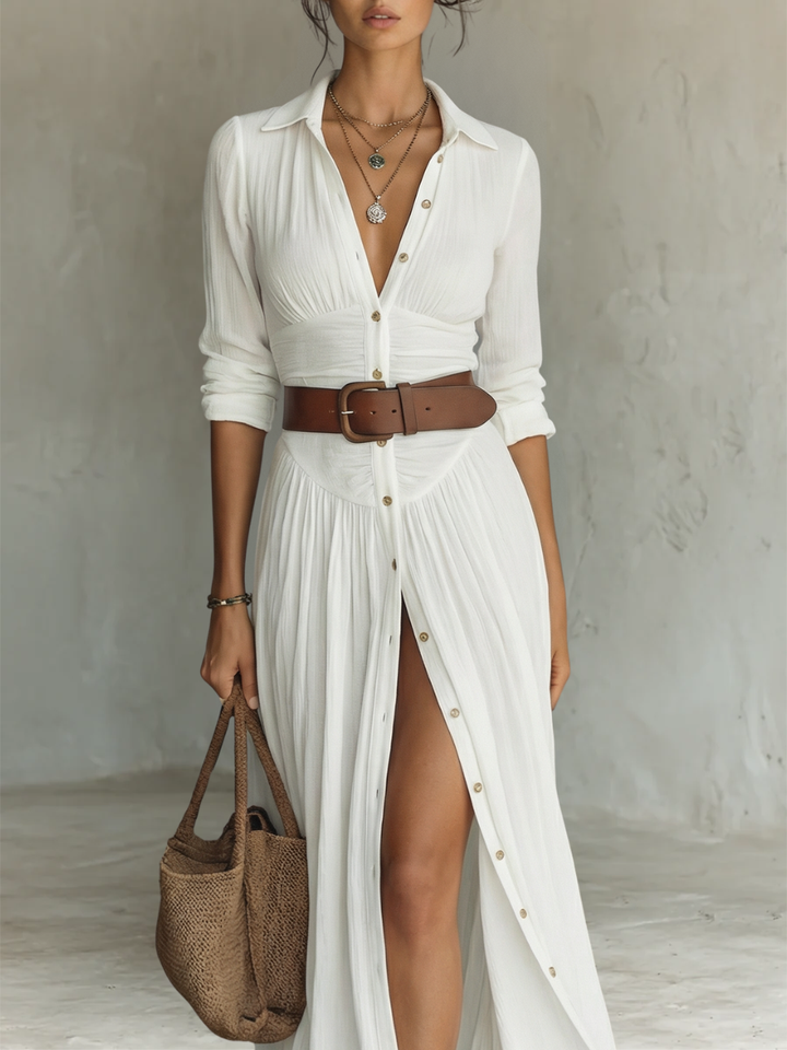 Long Maxi Dress with Lapel Collar and Long Sleeves