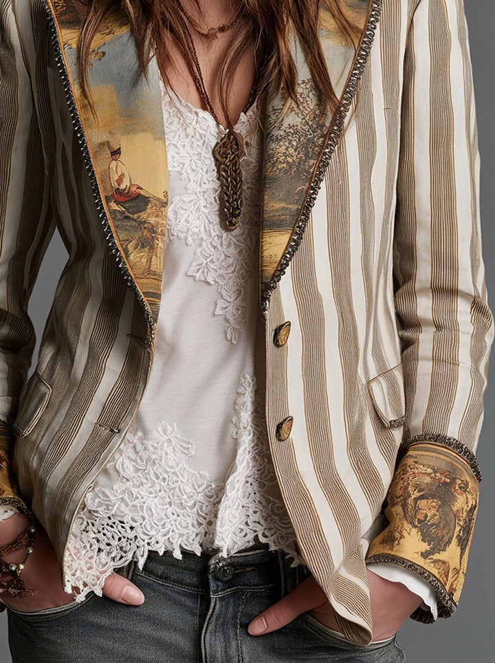 Sara - Bohemian Striped Blazer with Printed Collar