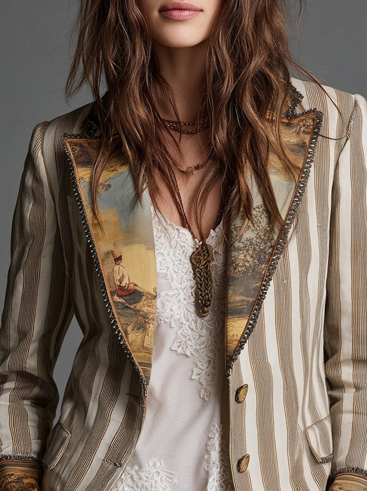 Sara - Bohemian Striped Blazer with Printed Collar
