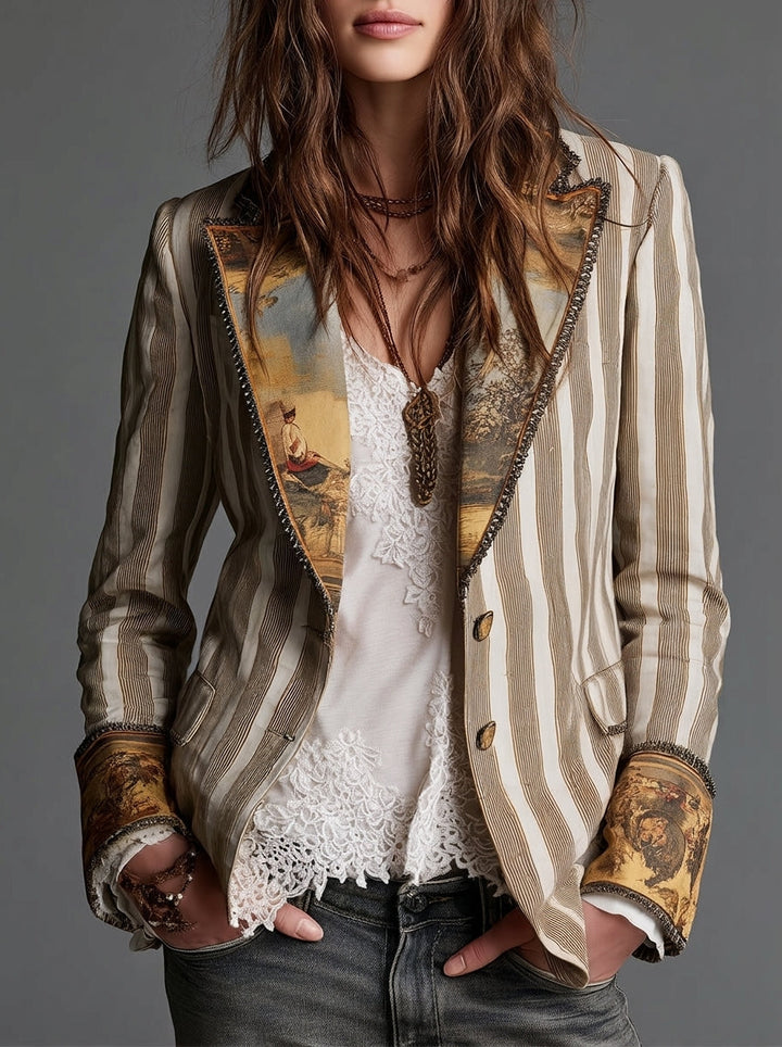 Sara - Bohemian Striped Blazer with Printed Collar