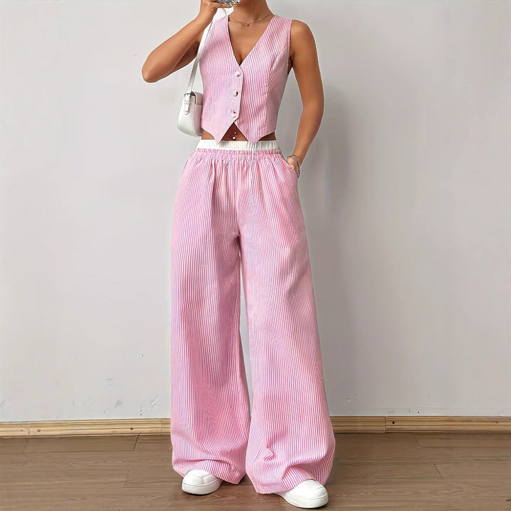 HELENA™ - Elegant Striped Print Vest Top &amp; Wide-Leg Pants Set