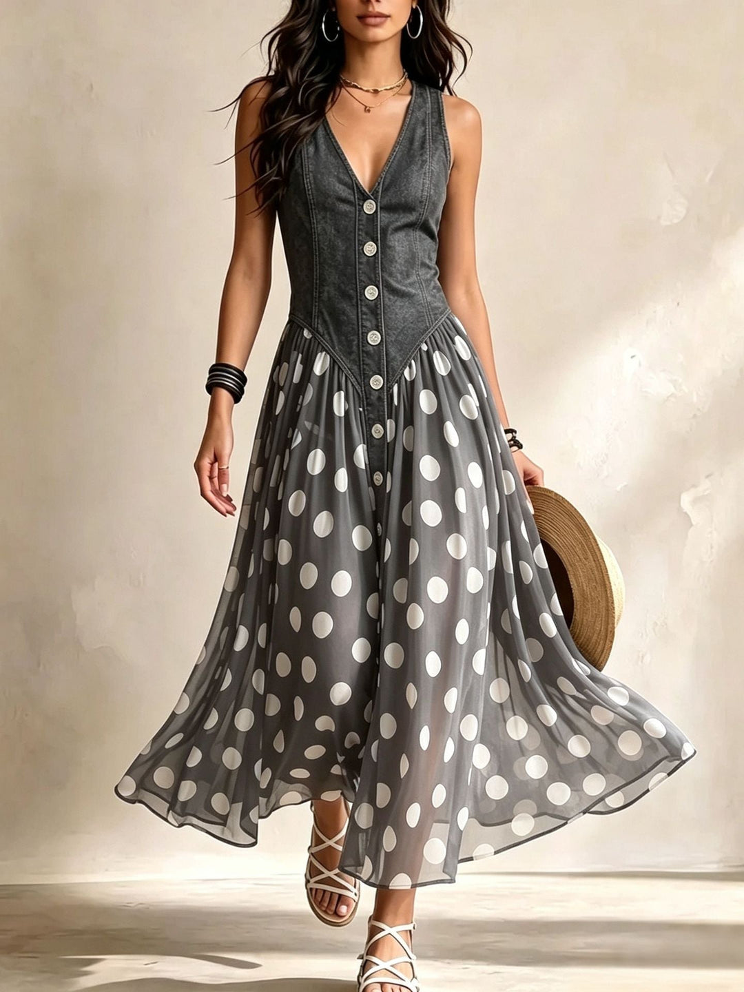 Adeline | Long Denim Dress with Polka Dots