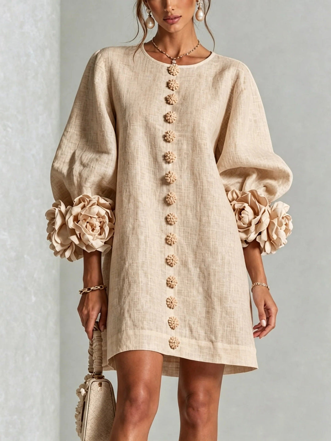 Floral Dress with Puff Sleeves and Round Neck