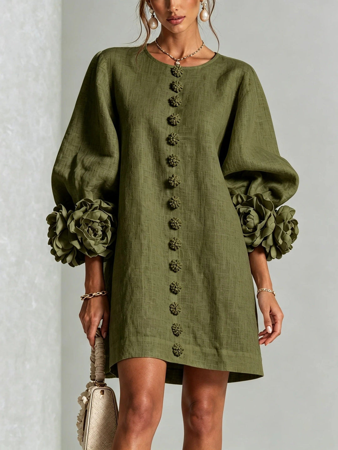 Floral Dress with Puff Sleeves and Round Neck