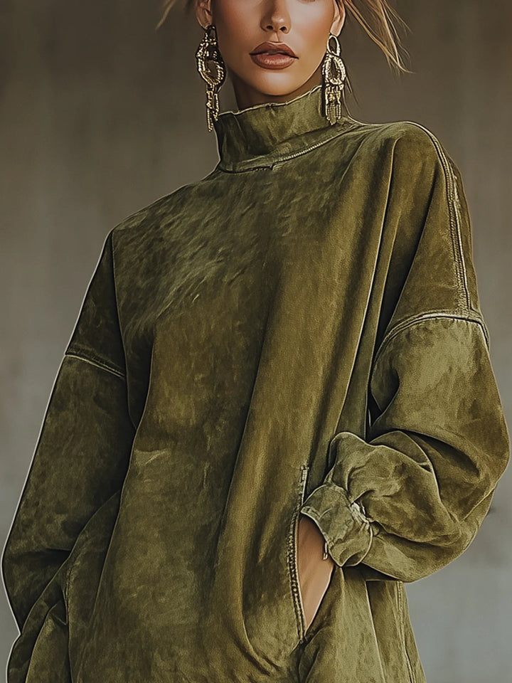 Gabrielle | Suede Effect Dress with High Neck and Fringing