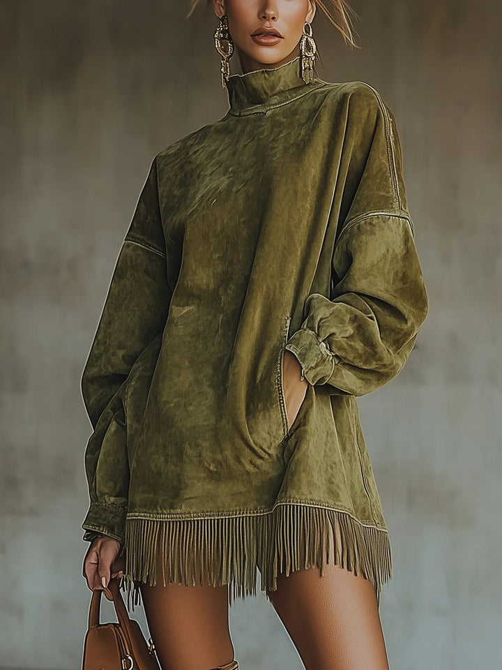 Gabrielle | Suede Effect Dress with High Neck and Fringing
