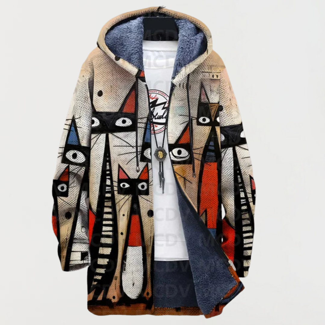 Ellis | Abstract Cat Print Hooded Coat - Maison Léa &amp; Lou