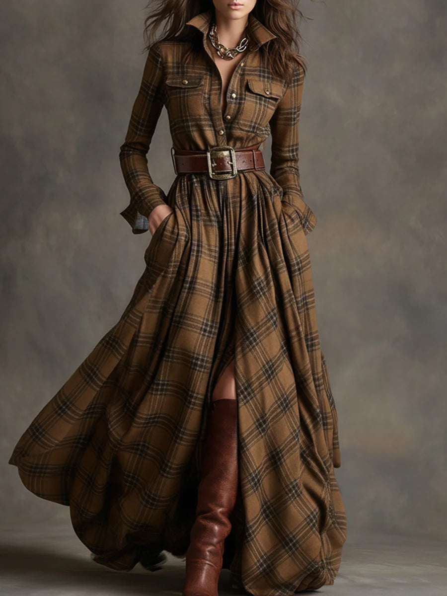 Béatrice | Long Check Dress with Belt