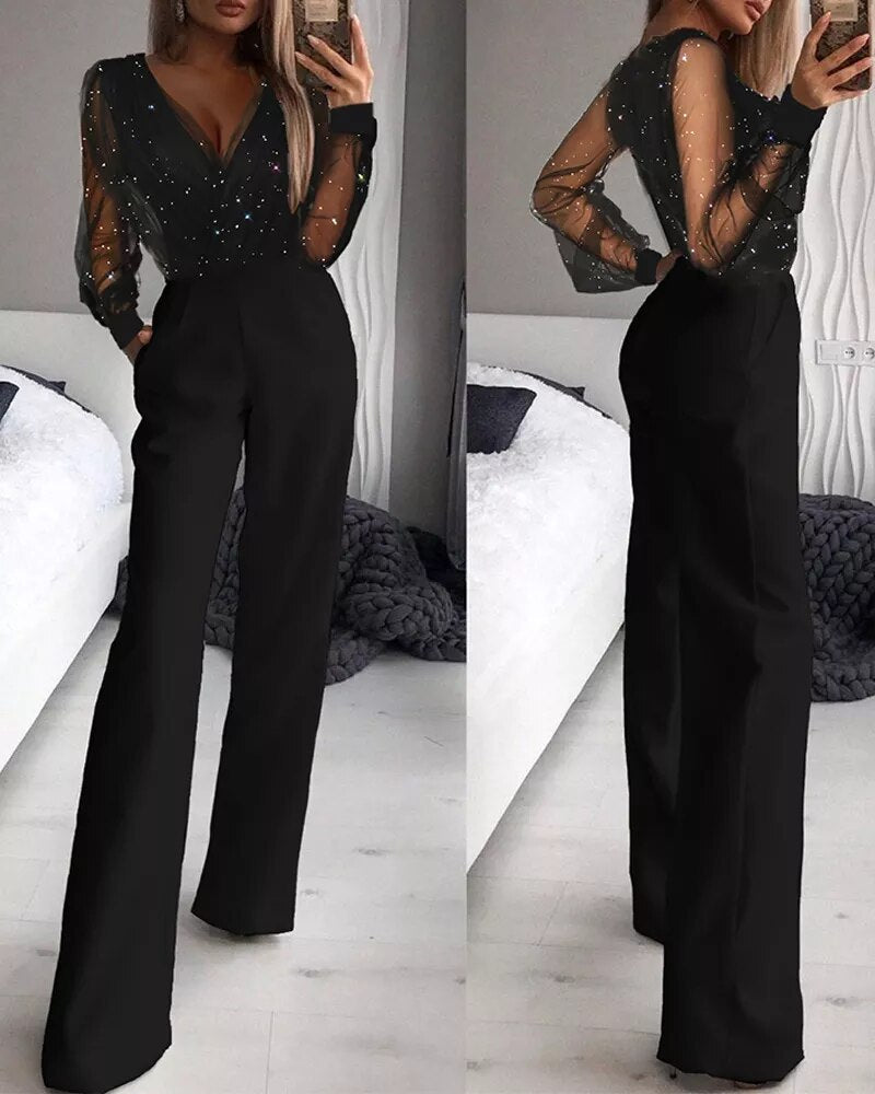 Islie | Jumpsuit with Sheer Sleeves and Wide Legs - Maison Léa &amp; Lou
