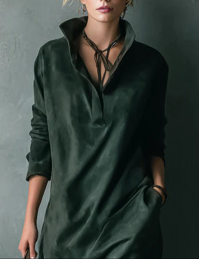 Isna Green Loose Suede Lapel Long Sleeve Midi Dress