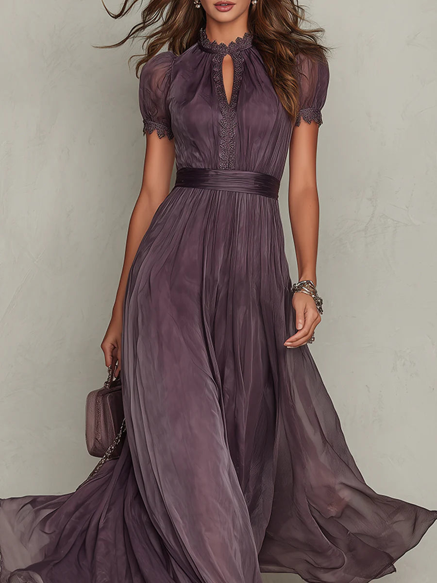 Flavia | Vestito lungo viola con scollo a chiave, bordo in pizzo di chiffon - Maison Léa &amp; Lou