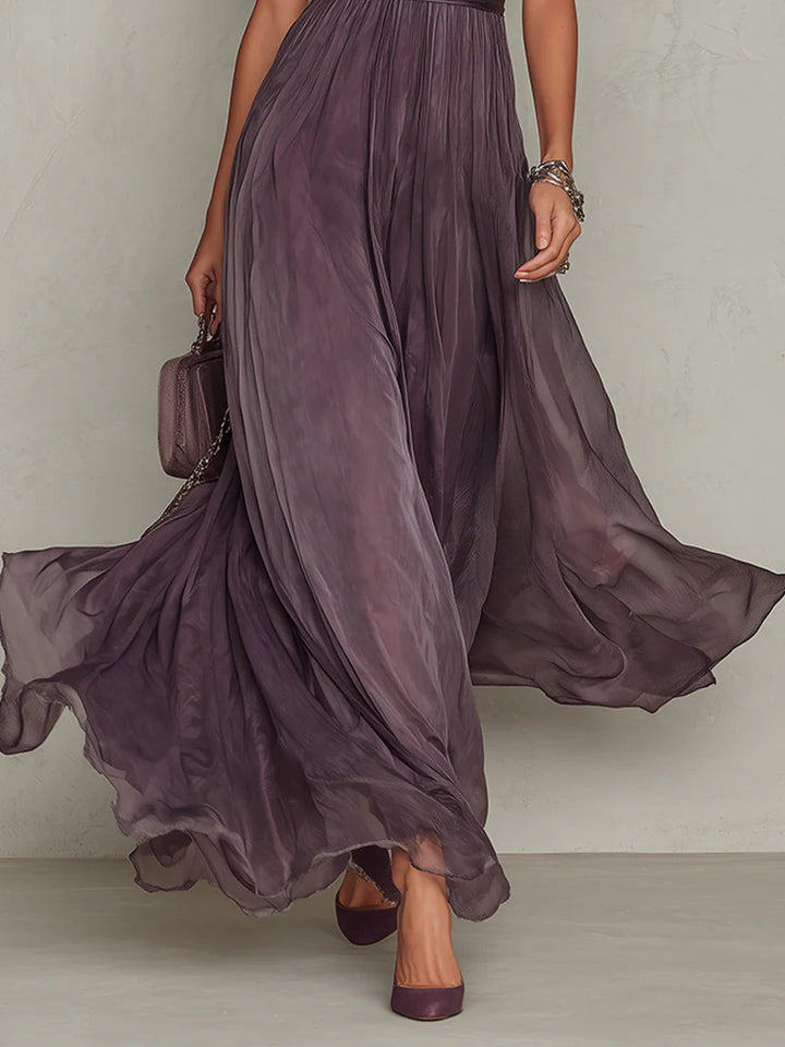 Flavia | Vestito lungo viola con scollo a chiave, bordo in pizzo di chiffon - Maison Léa &amp; Lou