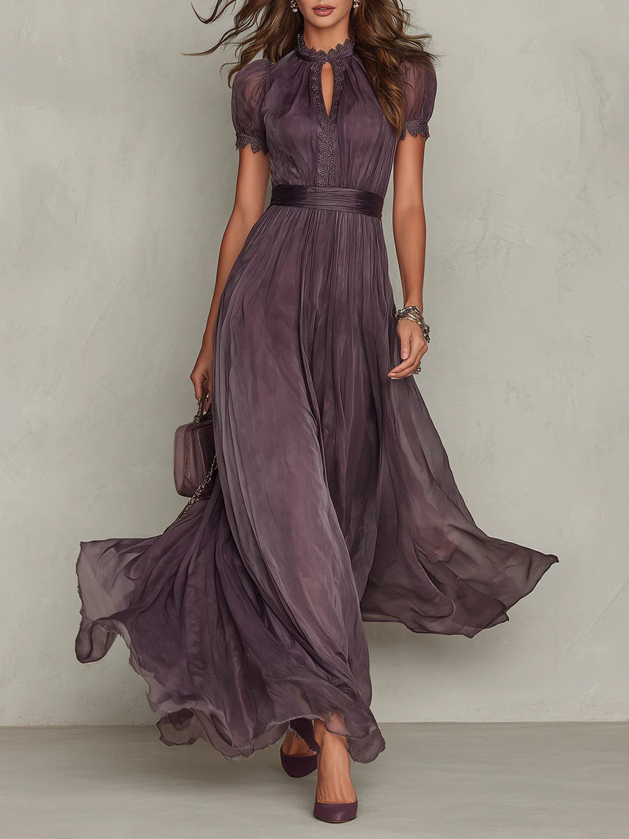 Flavia | Vestito lungo viola con scollo a chiave, bordo in pizzo di chiffon - Maison Léa &amp; Lou