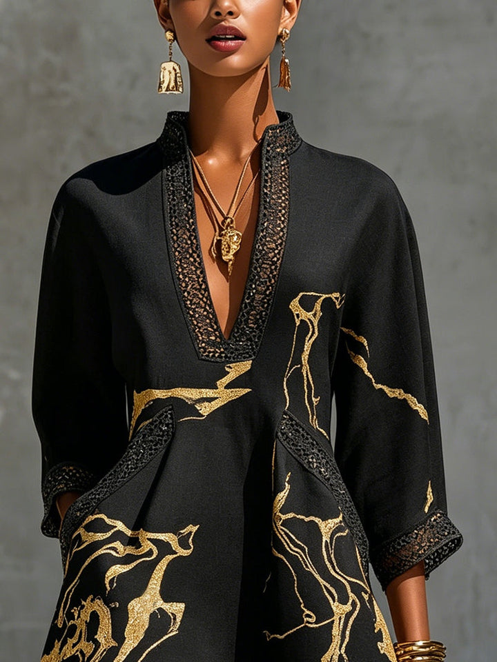 Donatella | Black minidress with golden marble print and crochet lace