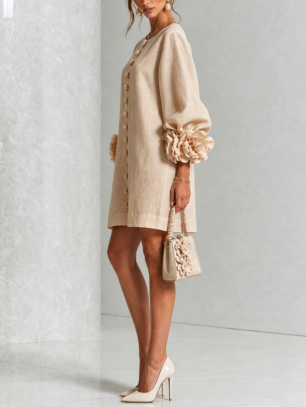 Ambra | Relaxed Mini Dress with Rose Cuffs, Beige - Maison Léa & Lou