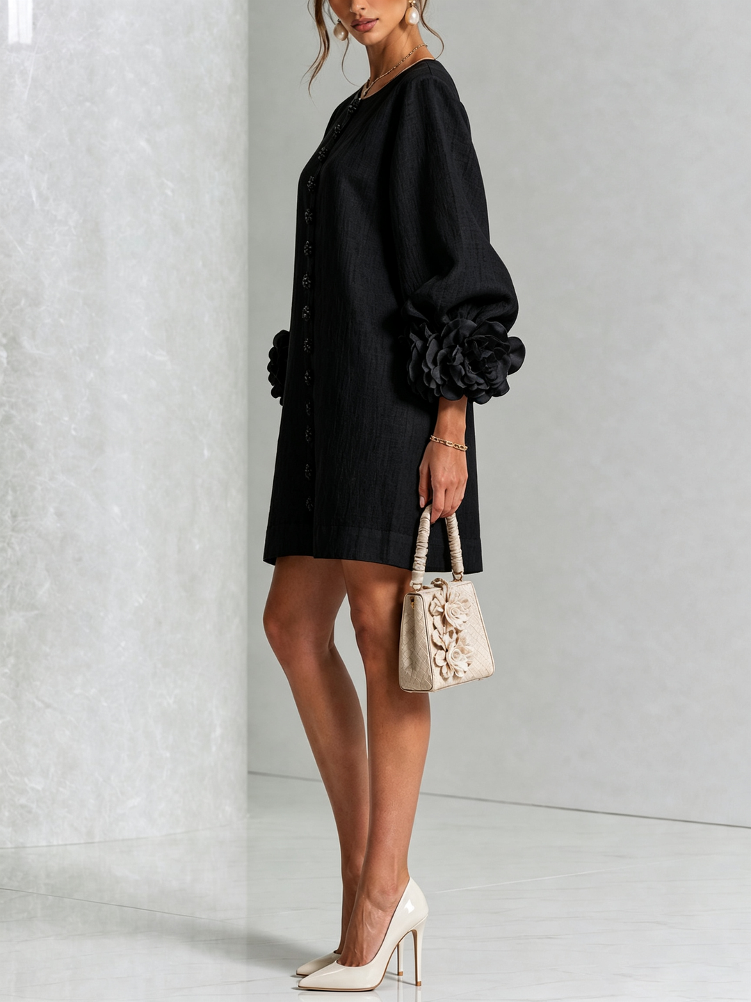 Cecilia | Relaxed Mini Dress with Rose Cuffs, Black - Maison Léa &amp; Lou