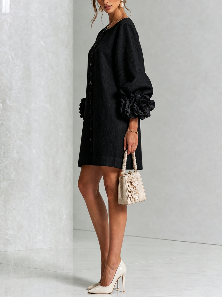 Cecilia | Relaxed Mini Dress with Rose Cuffs, Black - Maison Léa &amp; Lou
