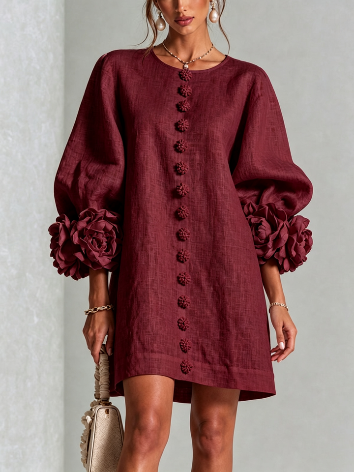 Ilaria | Relaxed Mini Dress with Rose Cuffs, Burgundy - Maison Léa &amp; Lou