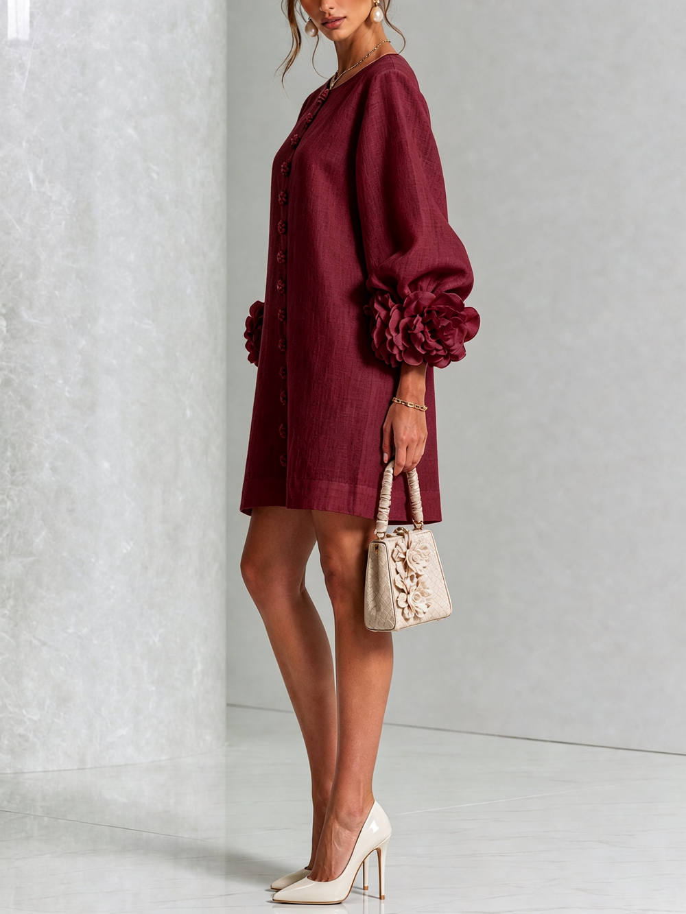 Ilaria | Relaxed Mini Dress with Rose Cuffs, Burgundy - Maison Léa & Lou