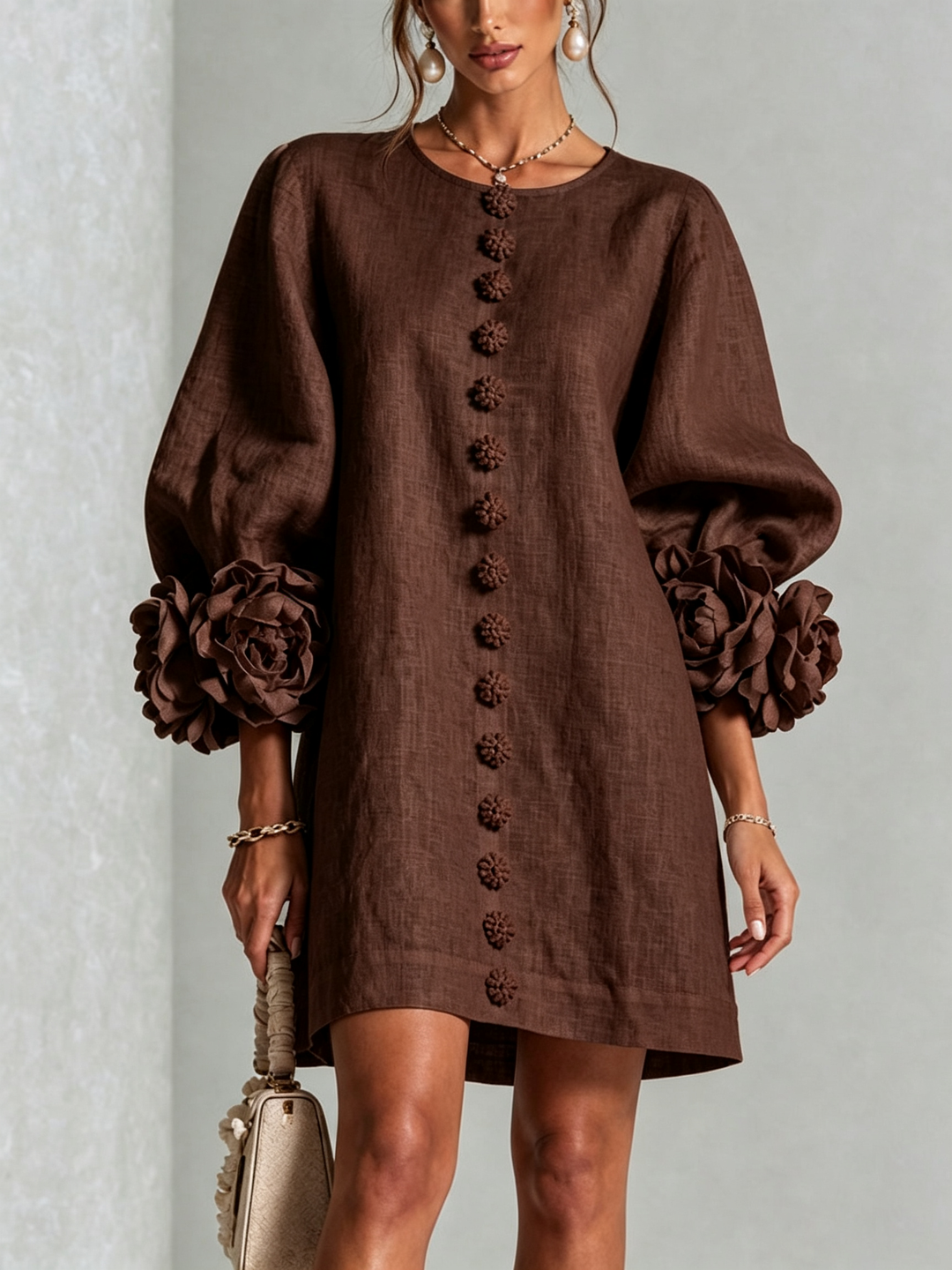 Bruna | Relaxed Mini Dress with Rose Cuffs, Chocolate Brown - Maison Léa & Lou