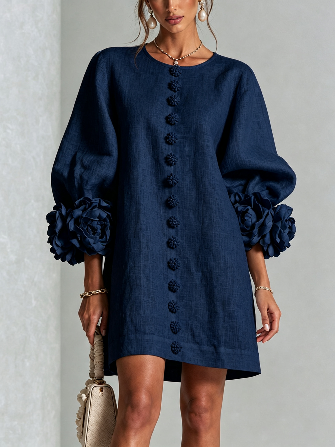 Marina | Relaxed Mini Dress with Rose Cuffs, Navy Blue - Maison Léa & Lou