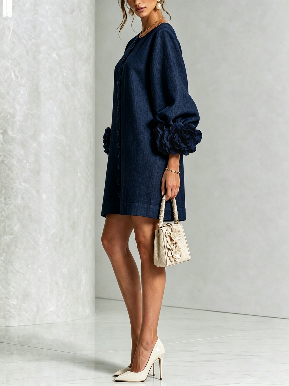 Marina | Relaxed Mini Dress with Rose Cuffs, Navy Blue - Maison Léa & Lou