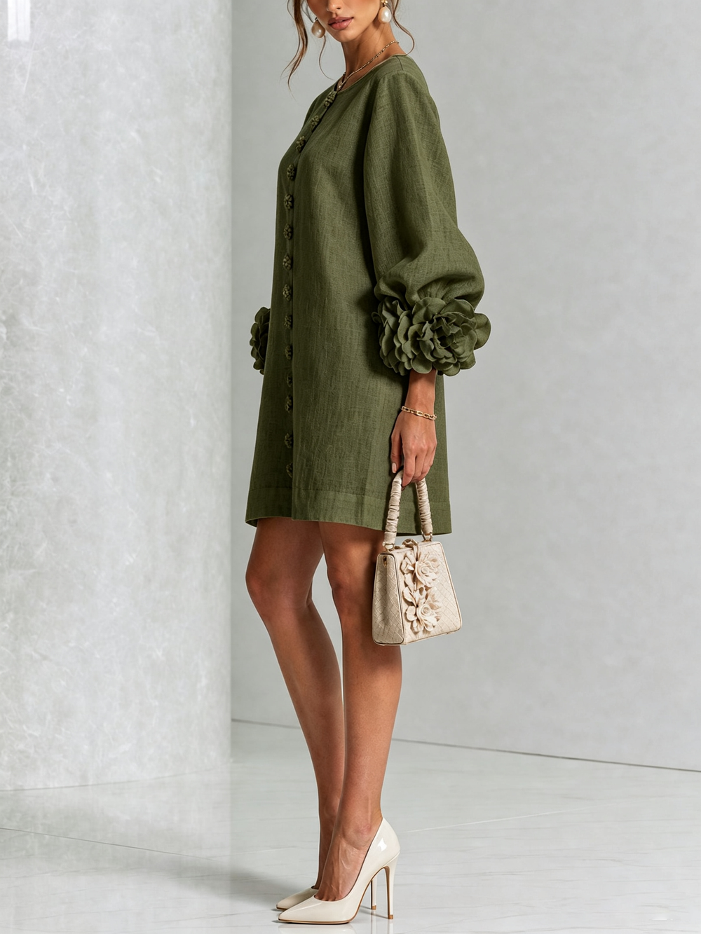 Gaia | Relaxed Mini Dress with Rose Cuffs, Olive Green - Maison Léa & Lou