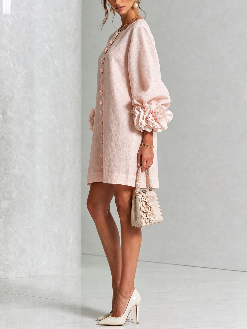 Noemi | Relaxed Mini Dress with Rose Cuffs, Pink - Maison Léa & Lou