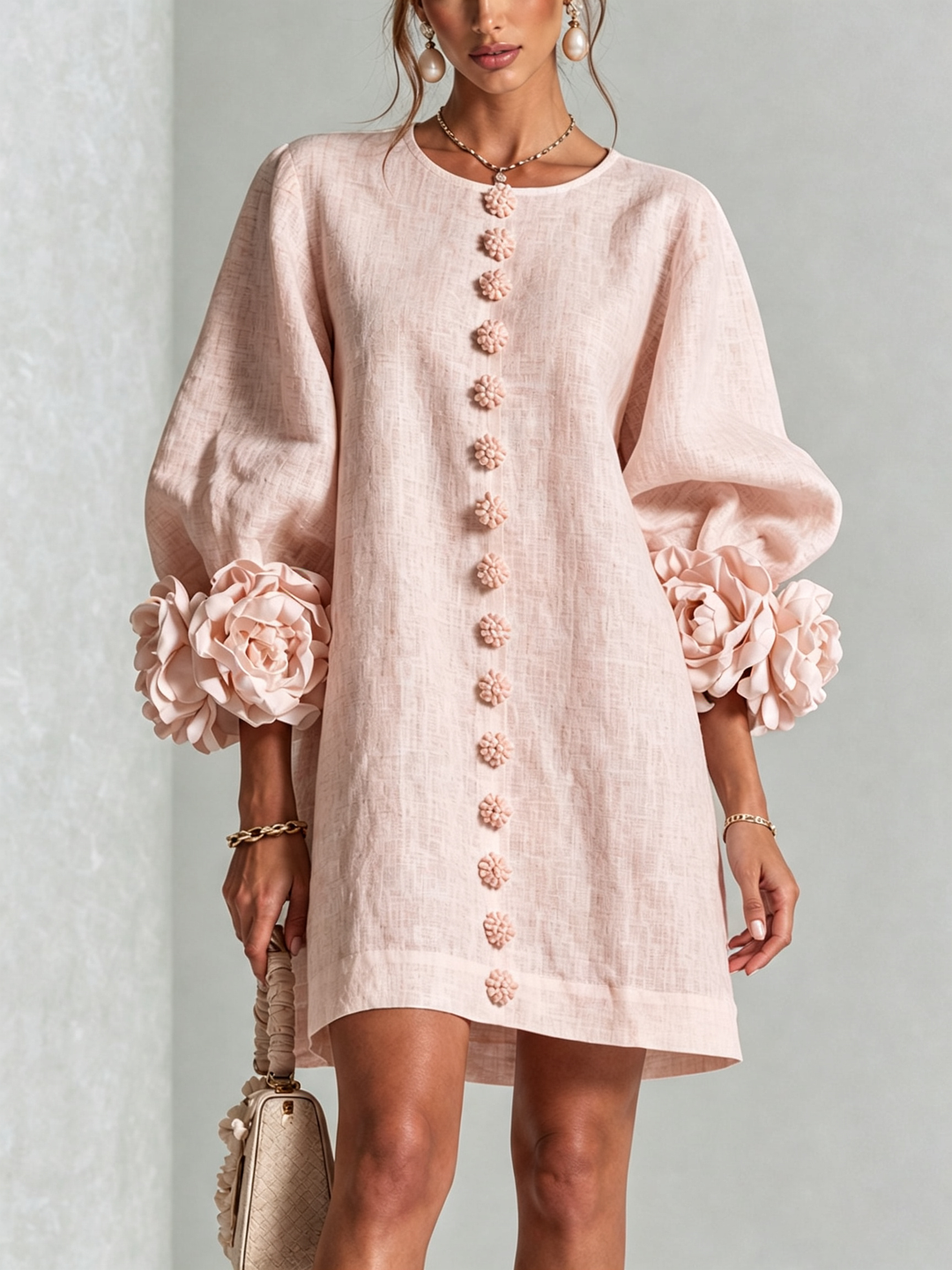 Noemi | Relaxed Mini Dress with Rose Cuffs, Pink - Maison Léa & Lou
