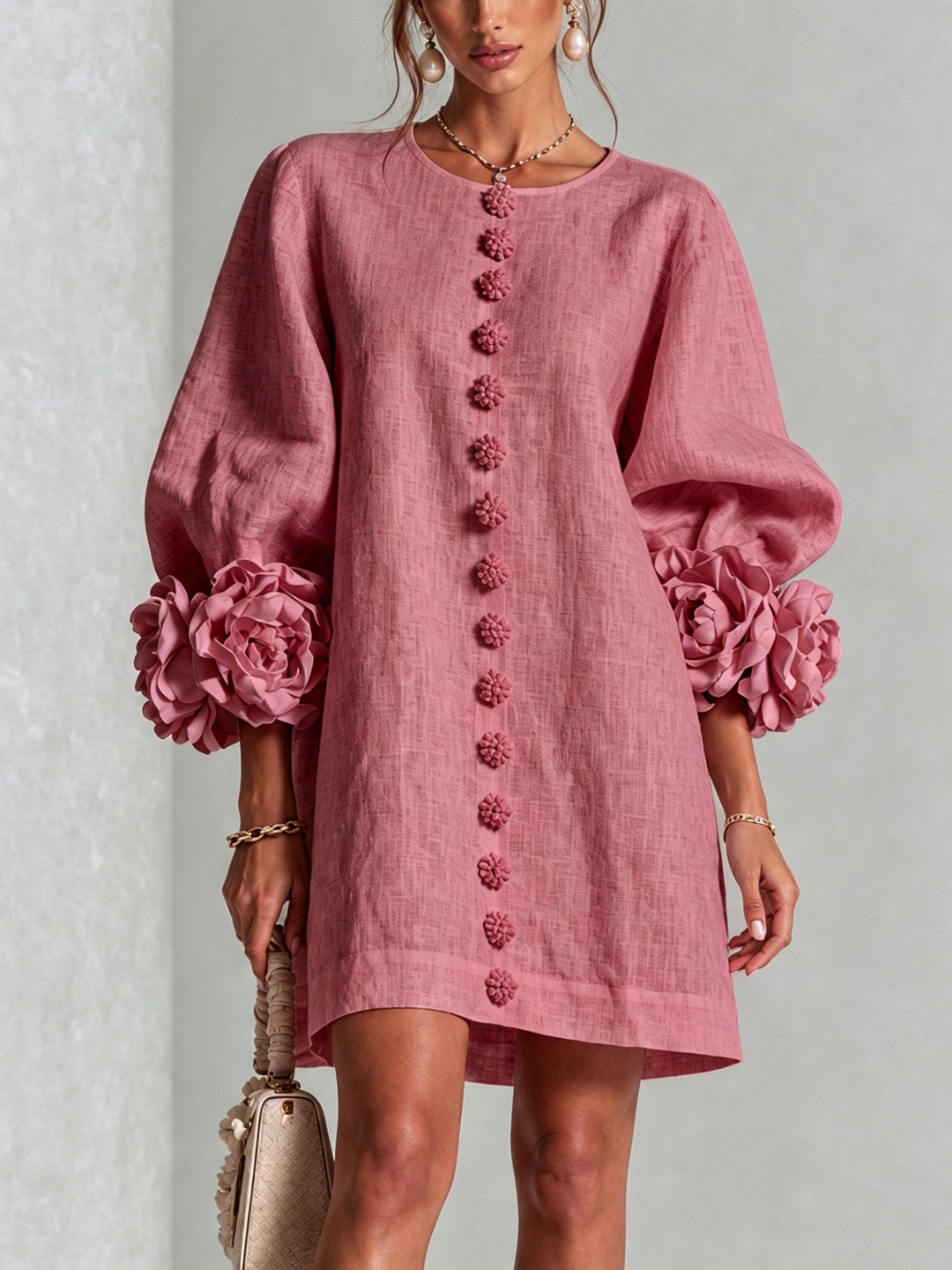 Alba | Relaxed Mini Dress with Rose Cuffs, Dusty Rose - Maison Léa & Lou