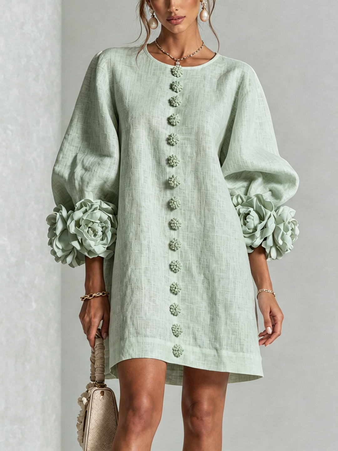 Delia | Relaxed Mini Dress with Rose Cuffs, Sage Green - Maison Léa & Lou