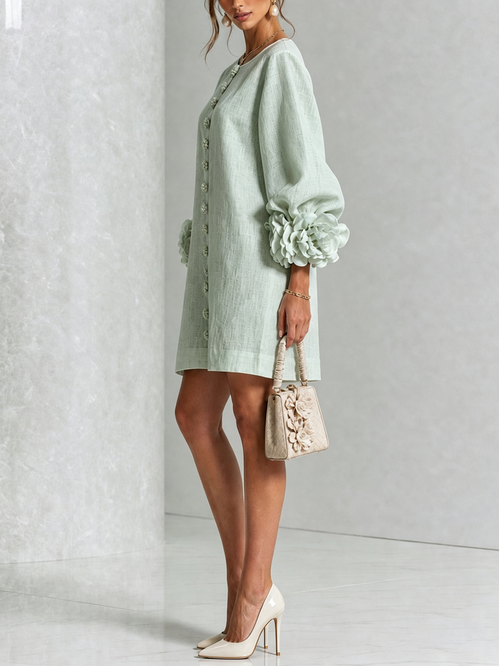Delia | Relaxed Mini Dress with Rose Cuffs, Sage Green - Maison Léa &amp; Lou
