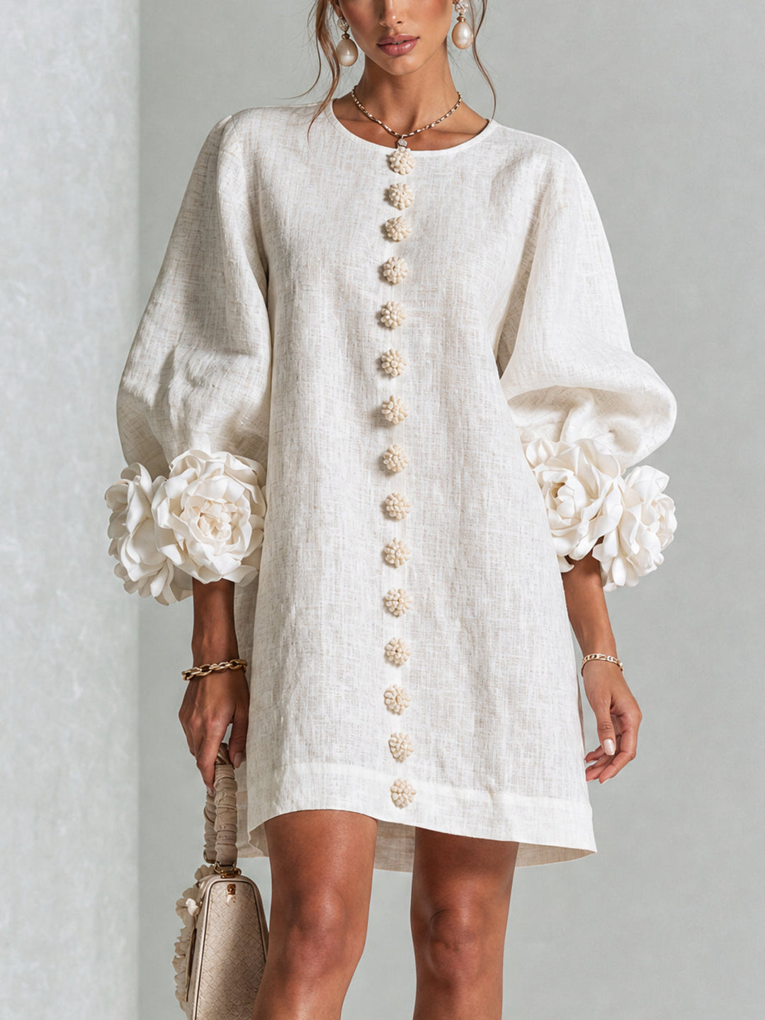 Chiara | Relaxed Mini Dress with Rose Cuffs, White - Maison Léa & Lou