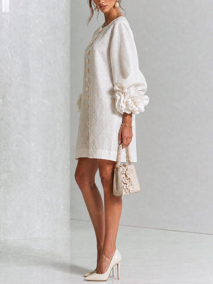 Chiara | Relaxed Mini Dress with Rose Cuffs, White - Maison Léa &amp; Lou