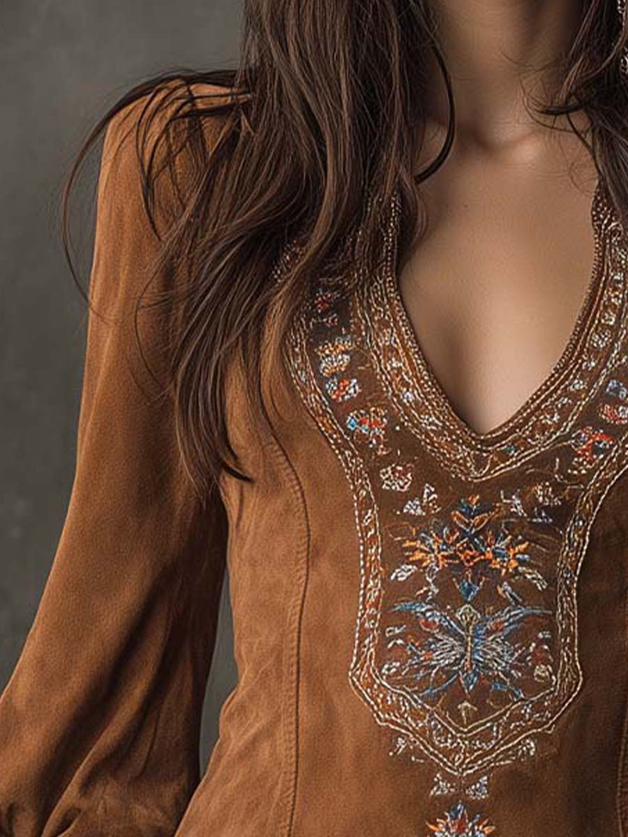 Izolda Vintage Brown V-Neck Suede Embroidered Mini Dress