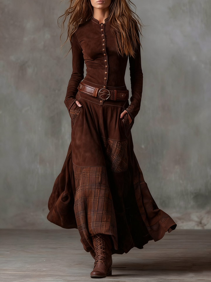 Helena Ivy | Winter Night Navy Suede Maxi Dress with Belt - Maison Léa &amp; Lou