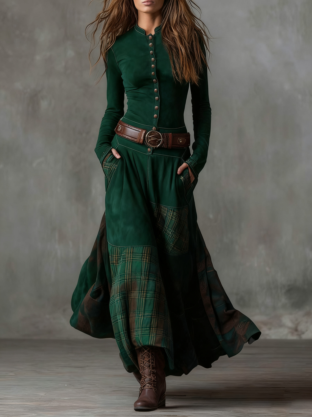 Leone | Vintage Long Suede Checkered Dress (Includes Belt) - Maison Léa &amp; Lou