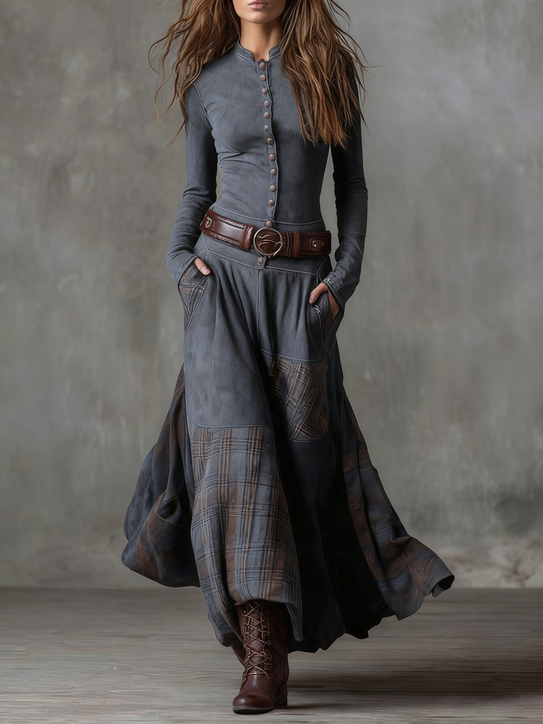 Leone | Vintage Long Suede Checkered Dress (Includes Belt) - Maison Léa &amp; Lou