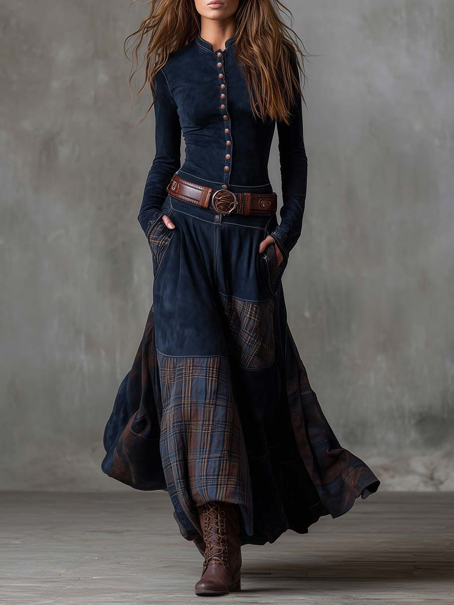 Helena Ivy | Winter Night Navy Suede Maxi Dress with Belt - Maison Léa & Lou