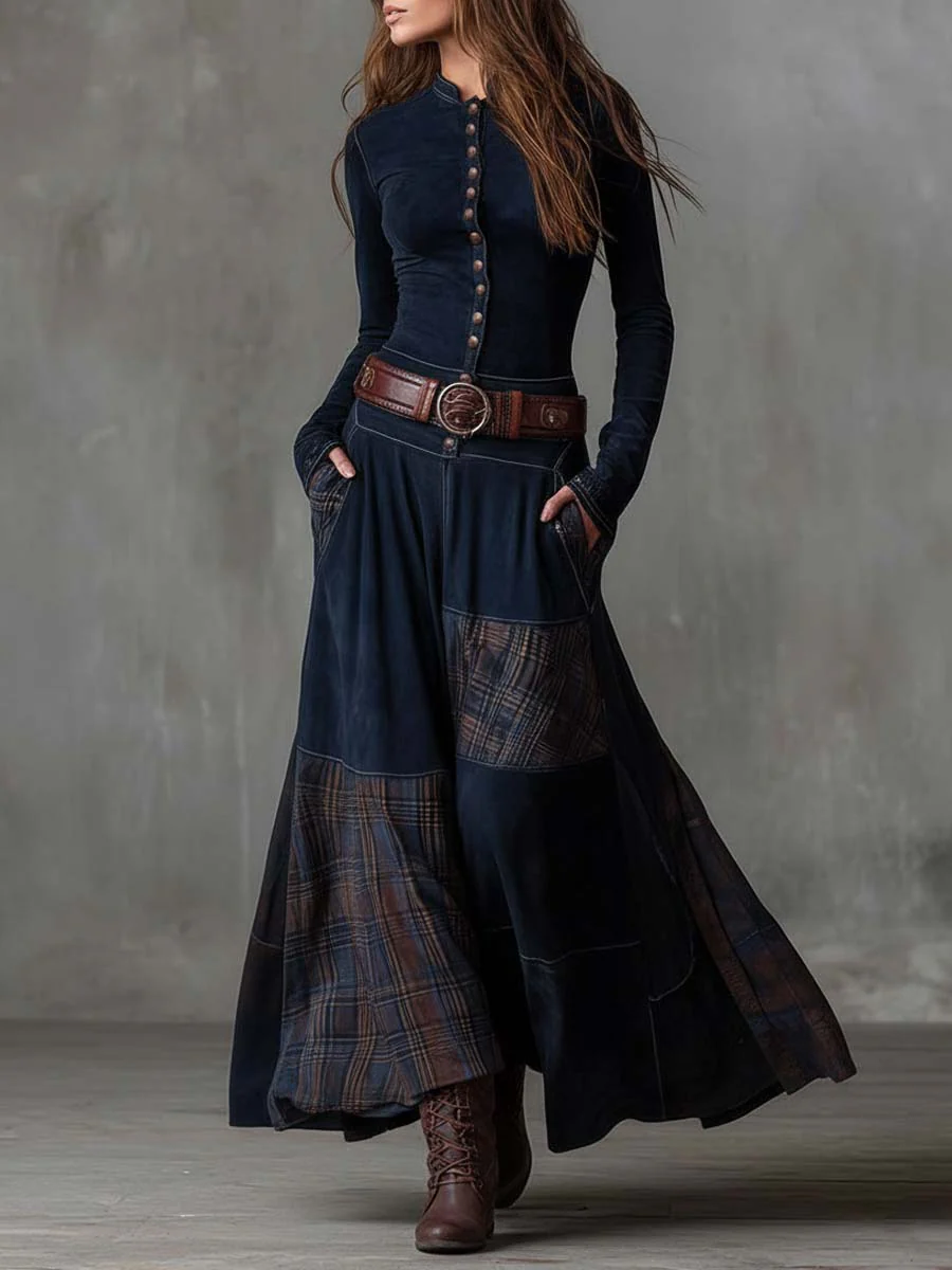 Leone | Vintage Long Suede Checkered Dress (Includes Belt) - Maison Léa &amp; Lou