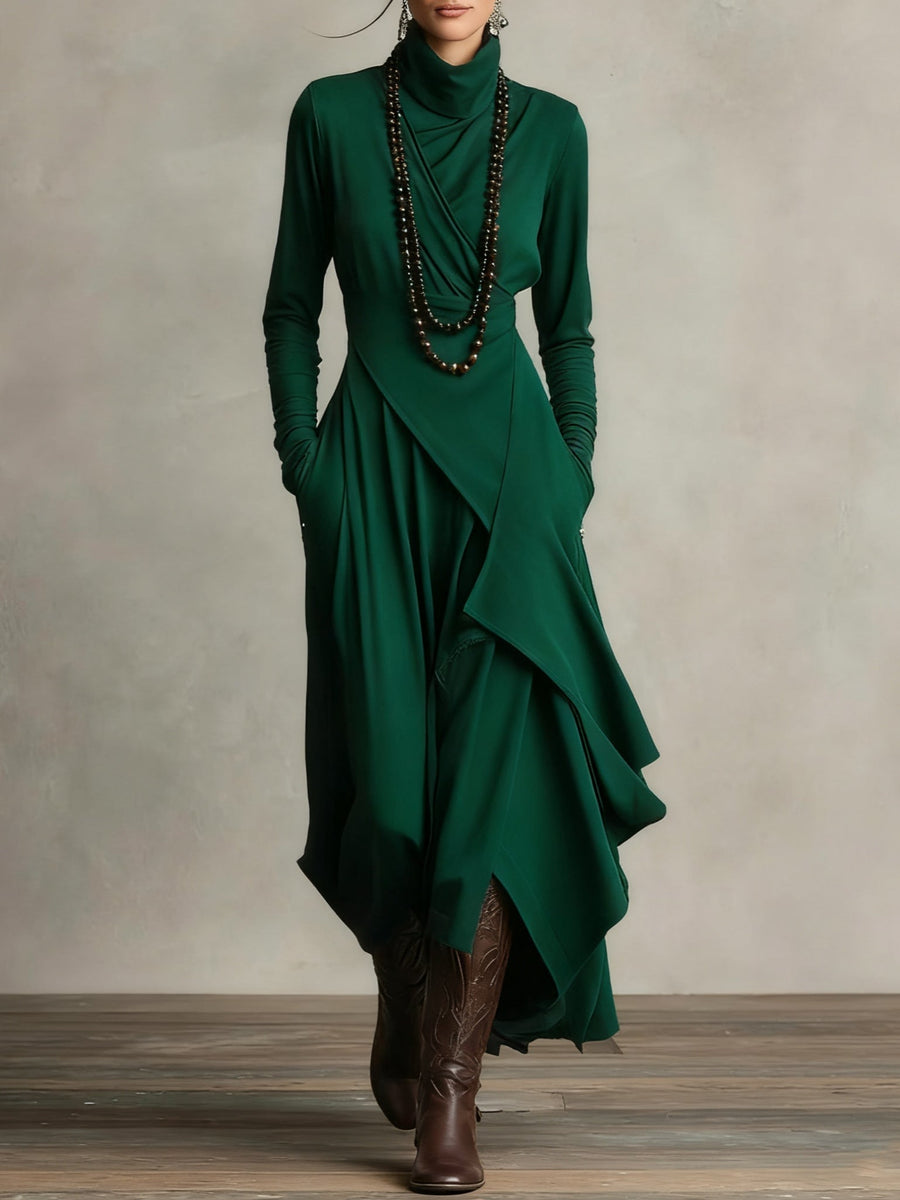 Lonnie | Elegant High-Neck Asymmetrical Draped Maxi Dress - Maison Léa &amp; Lou