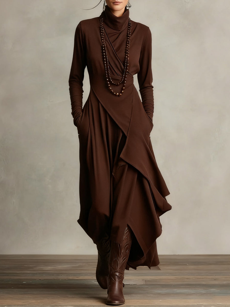 Lonnie | Elegant High-Neck Asymmetrical Draped Maxi Dress - Maison Léa &amp; Lou