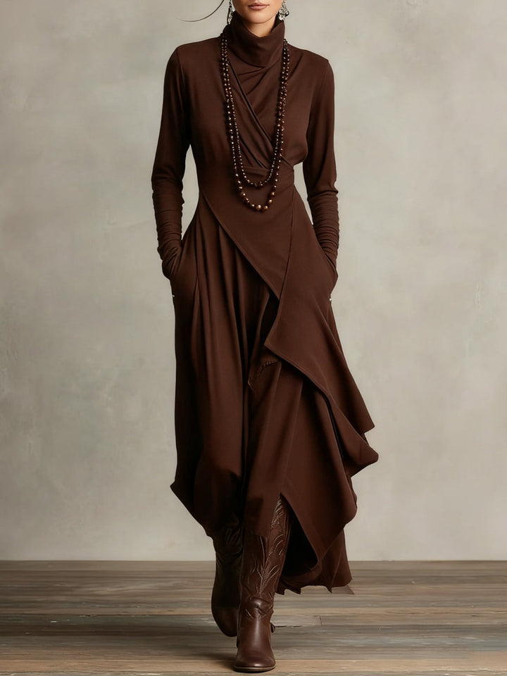Lonnie | Elegant High-Neck Asymmetrical Draped Maxi Dress - Maison Léa &amp; Lou
