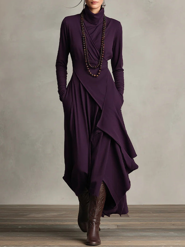 Lonnie | Elegant High-Neck Asymmetrical Draped Maxi Dress - Maison Léa &amp; Lou